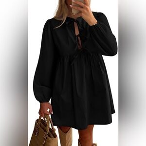 Women’s Plus Size Bow Tie Front Puff Long Sleeve Dress